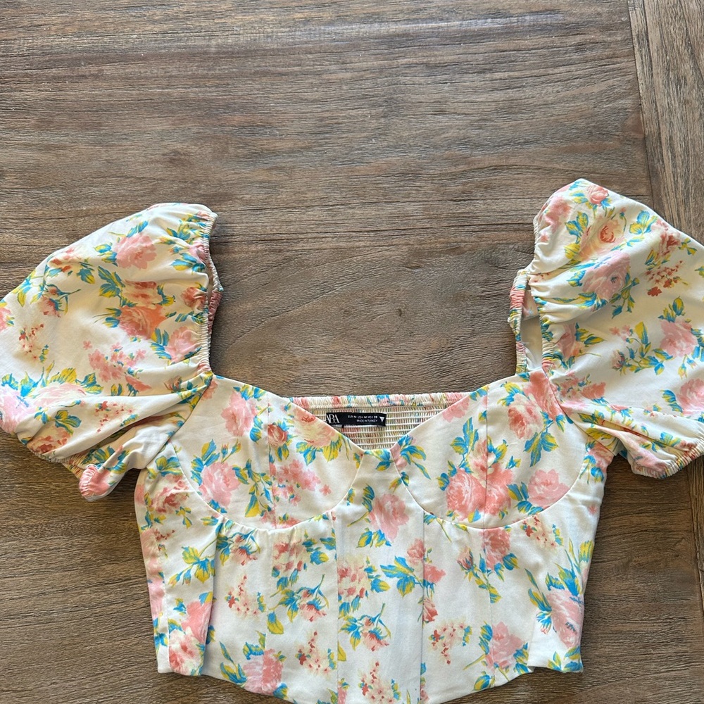 Zara Floral Puff Sleeve Corset Crop Top | Medium | Cottagecore